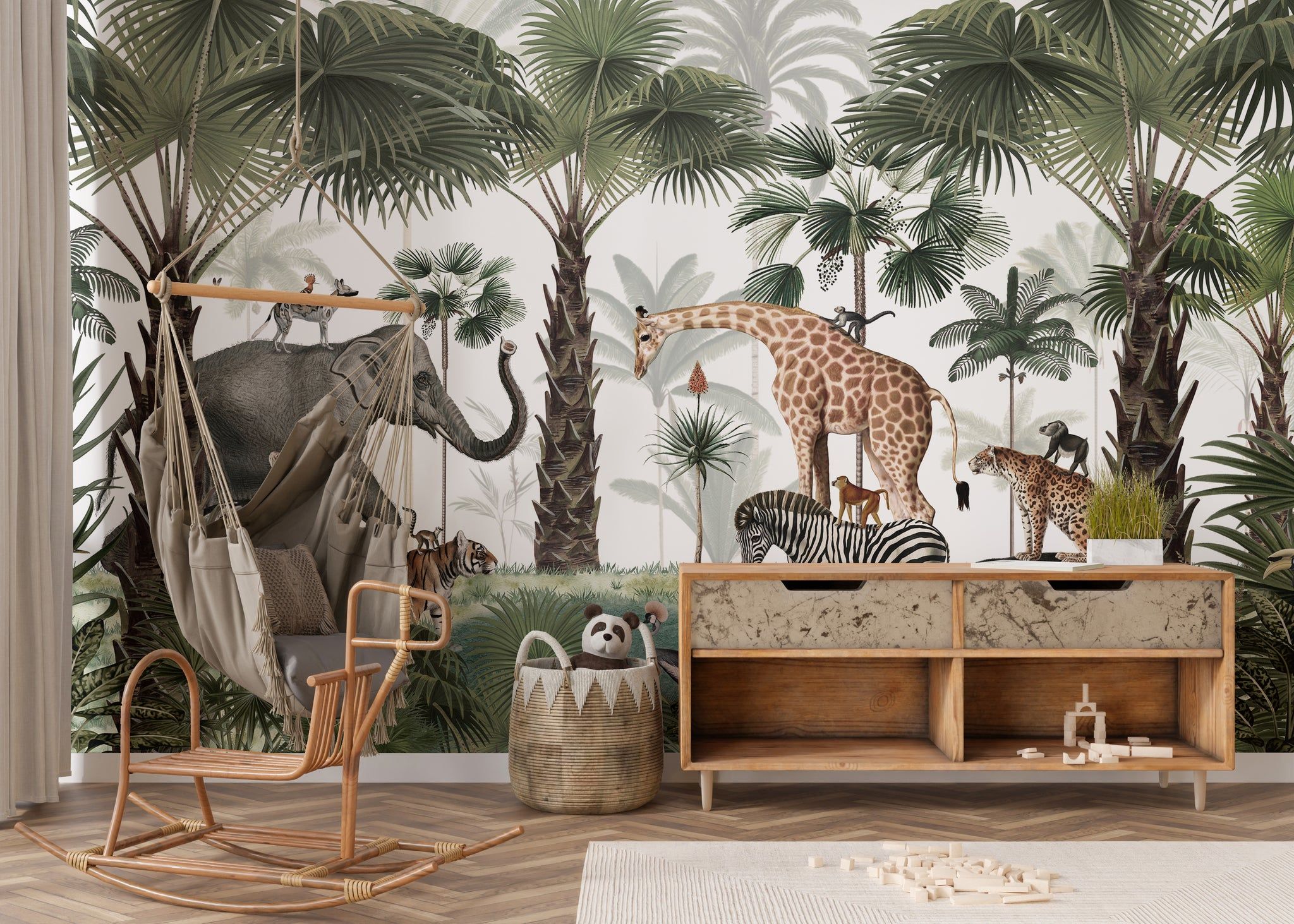 Detailed animal kingdom wallpaper mural displaying diverse global wildlife in a lush natural setting for educational or feature walls.