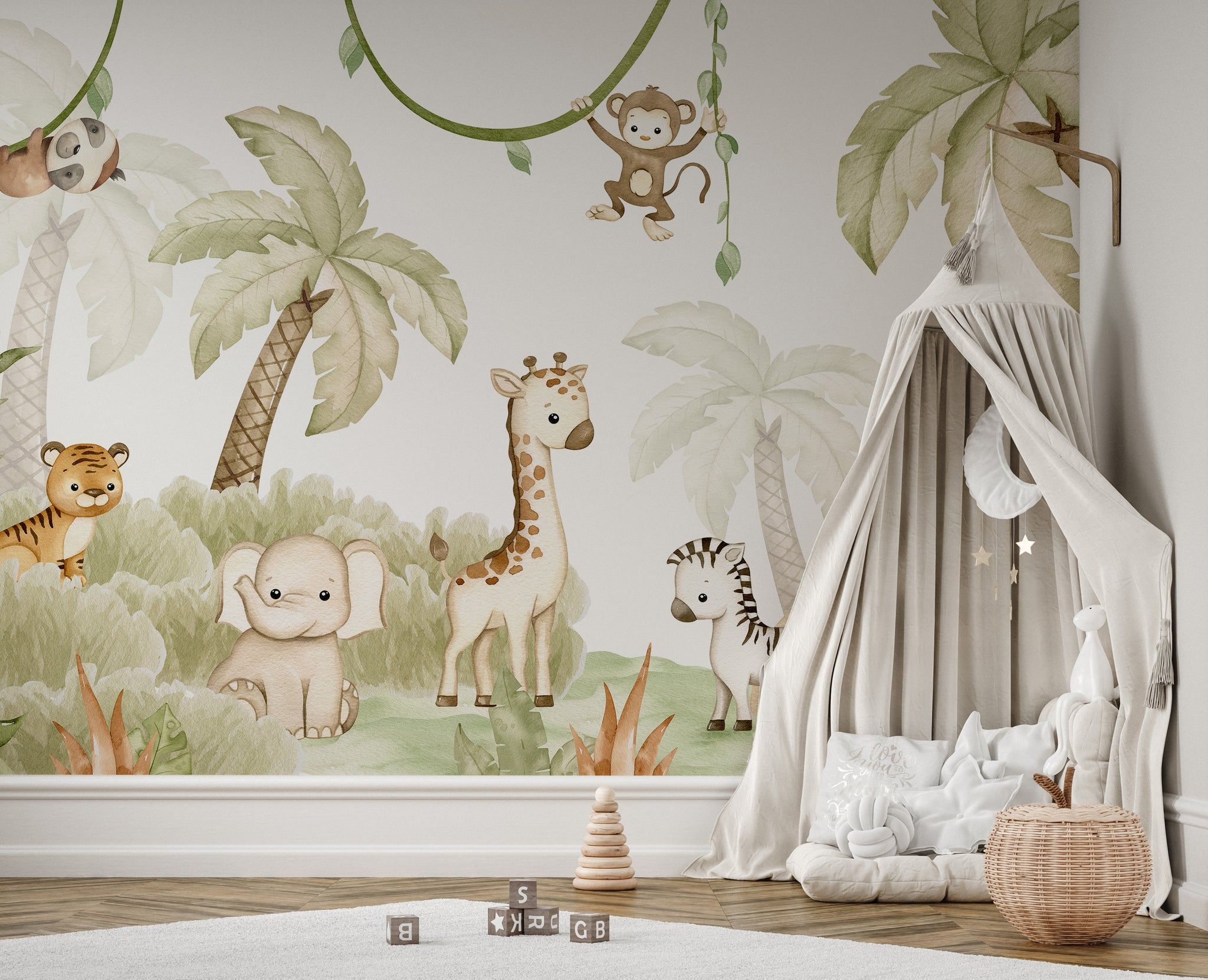 Watercolor baby safari animals wallpaper featuring cute elephants, giraffes, and zebras in soft pastel tones for a baby room.
