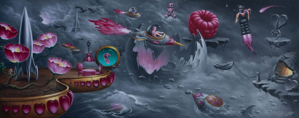 DINNER THEATRE IN HOLODECK……61x152 cm (24x60 in)……Oil on Canvas