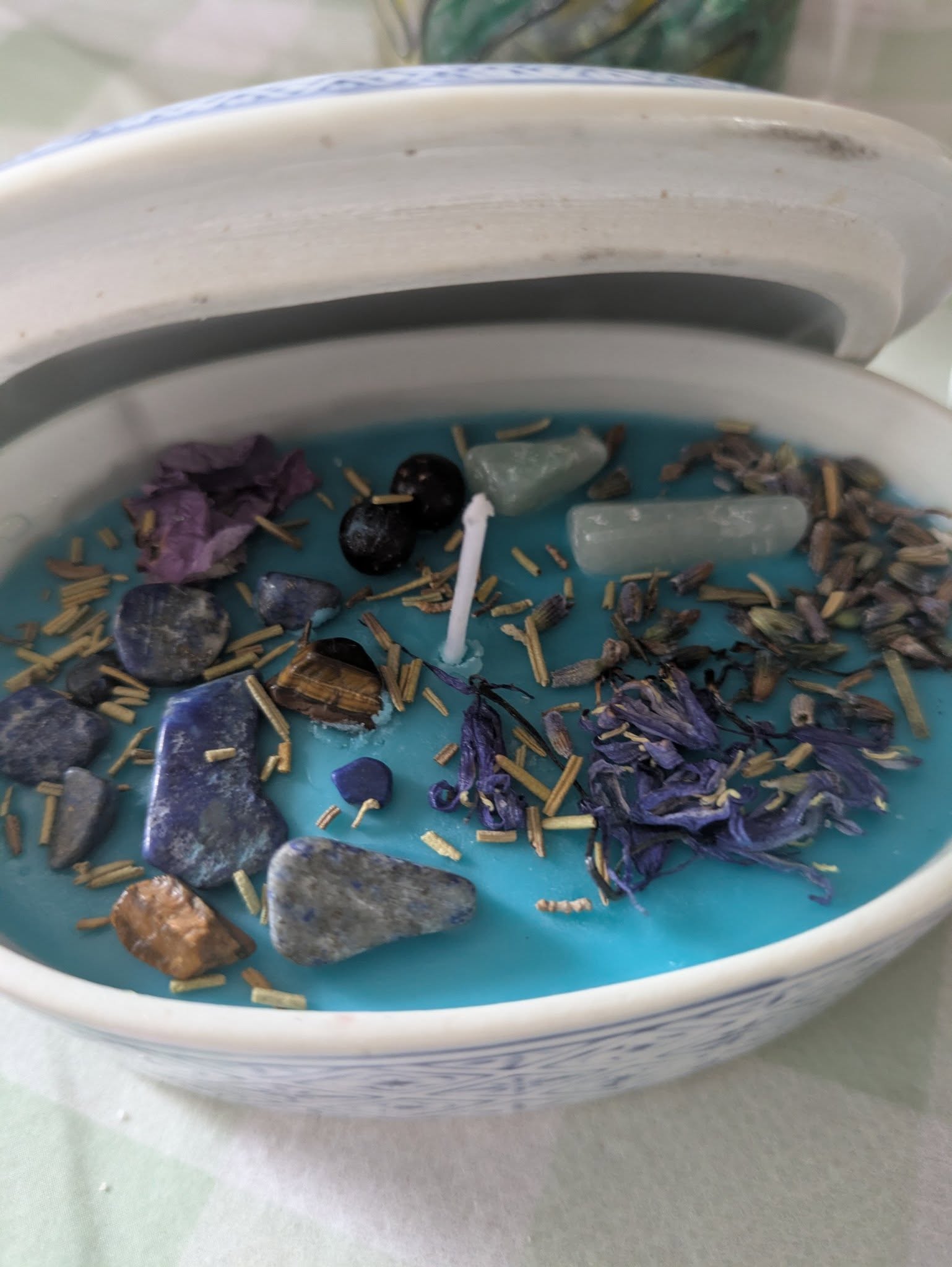 delicate white & blue porcelain trinket box repurposed as a candle