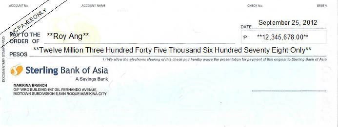 Printed Cheque of Sterling Bank of Asia (Personal) in Philippines