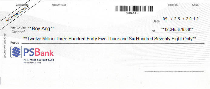 Printed Cheque of PS Bank - Philippine Savings Bank (Personal) in Philippines