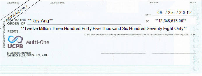 Printed Cheque of UCPB Bank Multi-One in Philippines