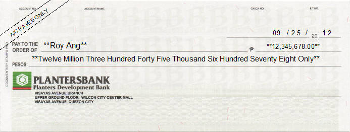 Printed Cheque of Planters Development Bank in Philippines