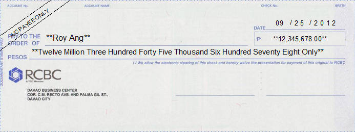 Printed Cheque of RCBC Bank in Philippines