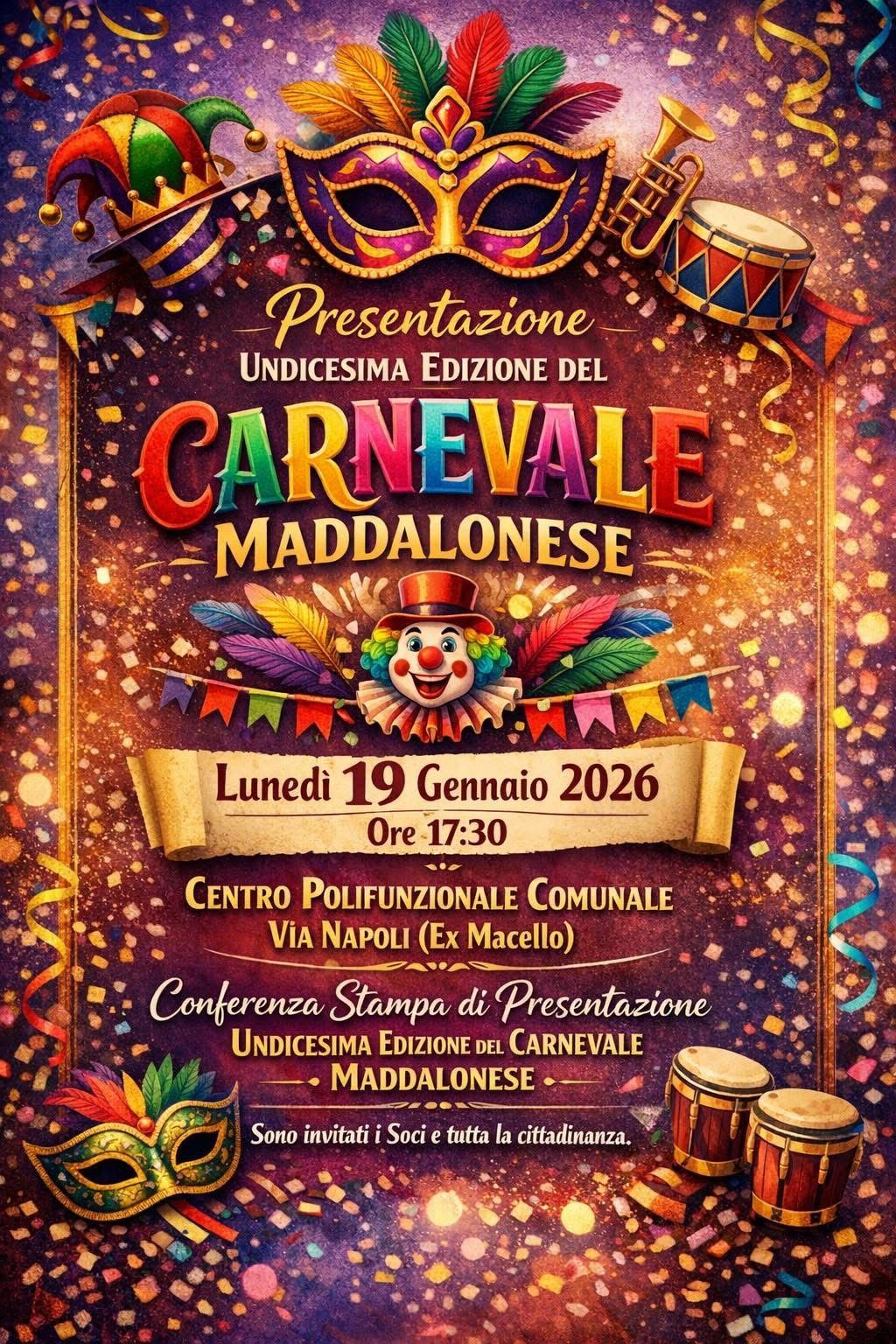 A Maddaloni la conferenza stampa del Carnevale 2026: l’undicesima edizione si presenta alla città