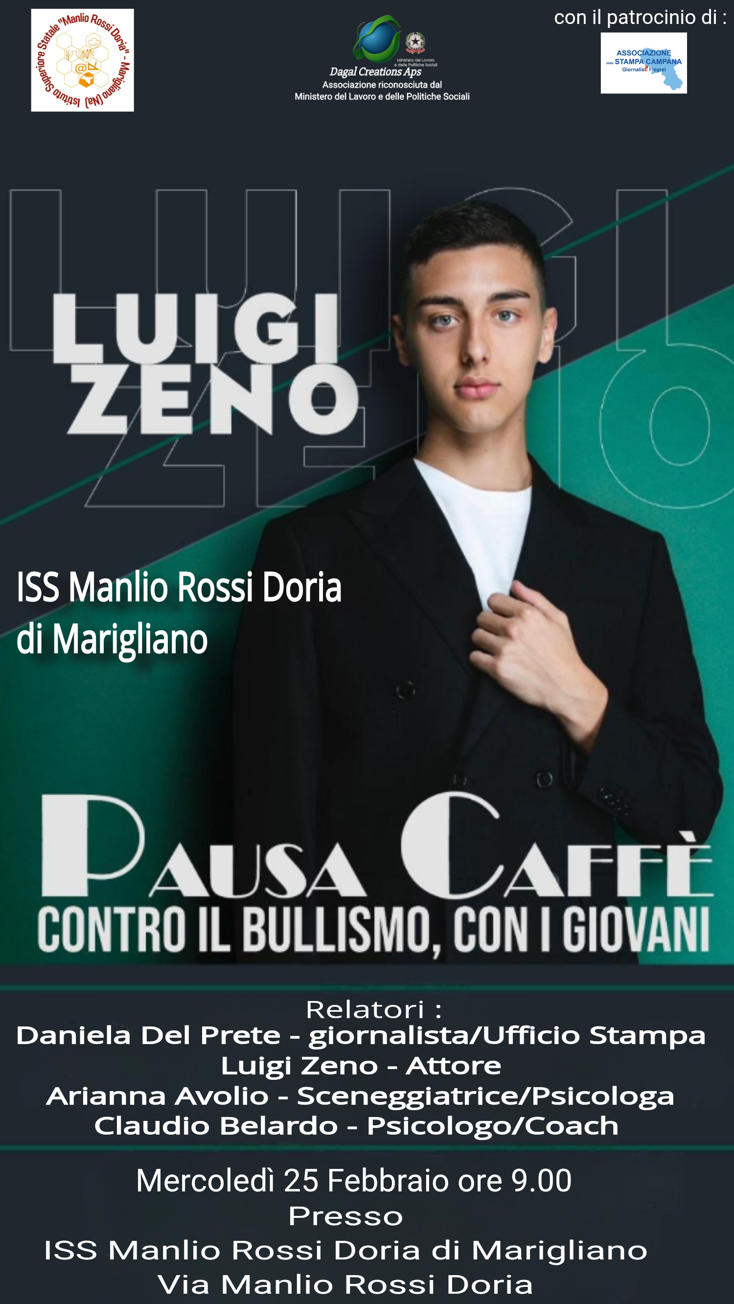 Luigi Zeno protagonista del format “Pausa Caffè contro il Bullismo, con i Giovani” all’ISS Manlio Rossi Doria di Marigliano