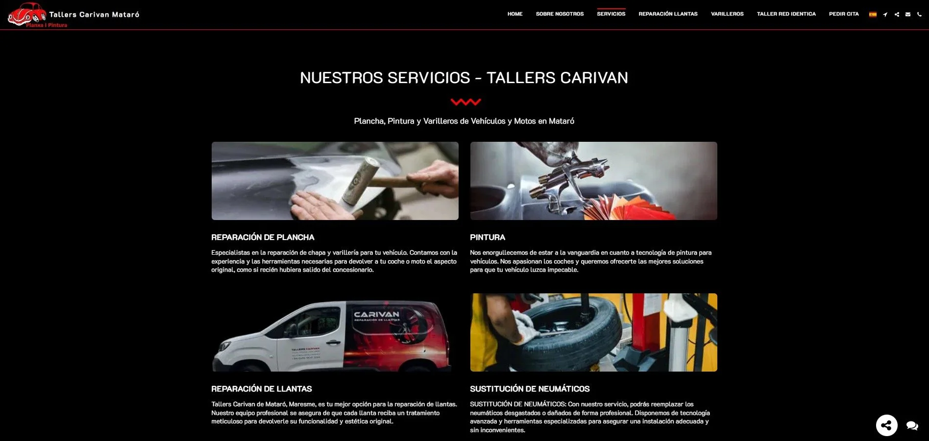 Tarjetas de servicios: Reparación de plancha, Pintura, Reparación de llantas
