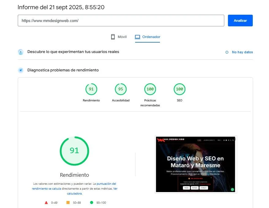 Resultados en PageSpeed Insights (Desktop): MM DESIGN WEB 