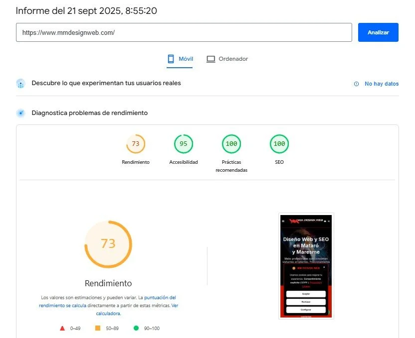 Resultados en PageSpeed Insights (Móvil):