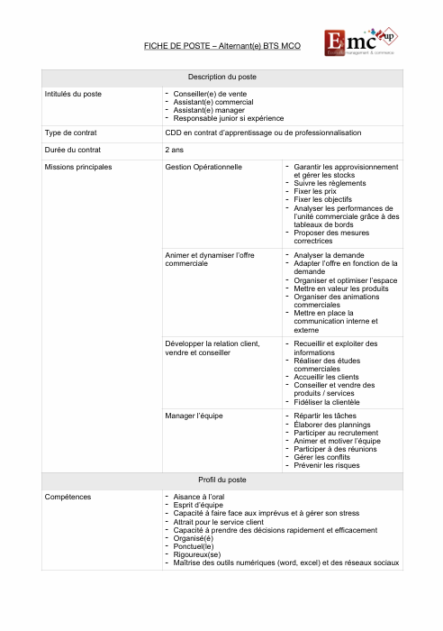 Fiche de poste MCO
