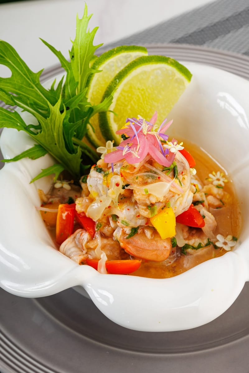 fish and prawn ceviche tropical with mango