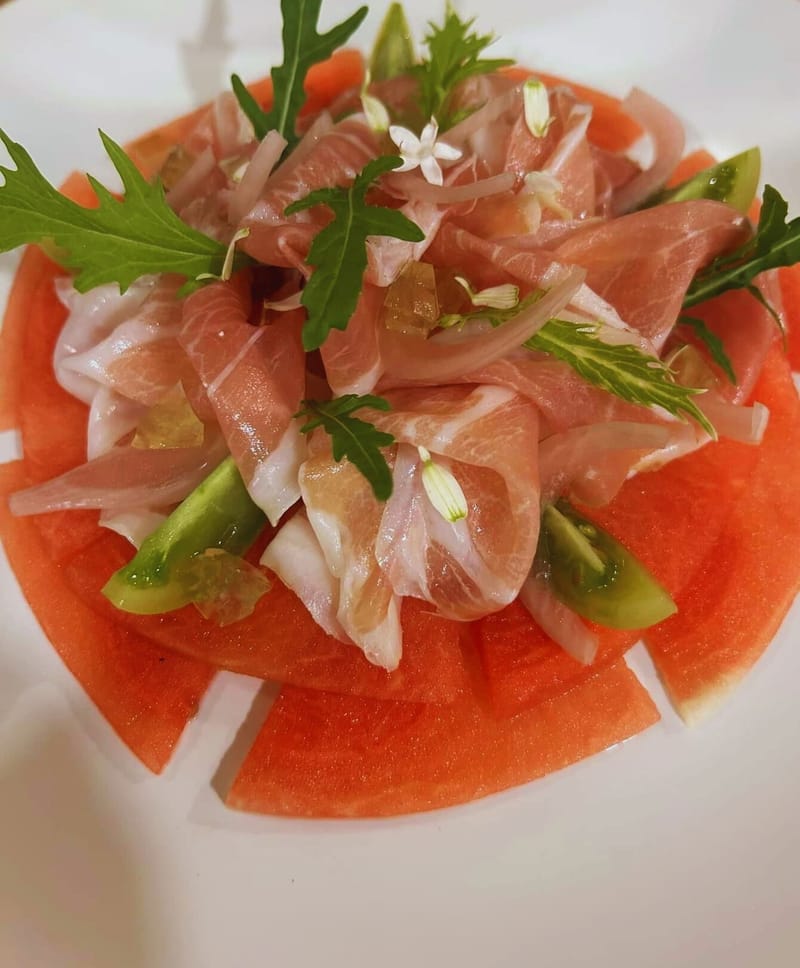 12 months Parma ham and watermelon carpaccio