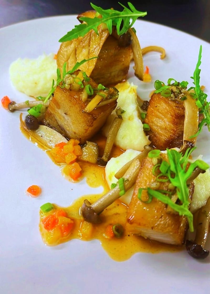 Slow Cooked Pork Belly, Potato Puree And Sauteed Mushroom