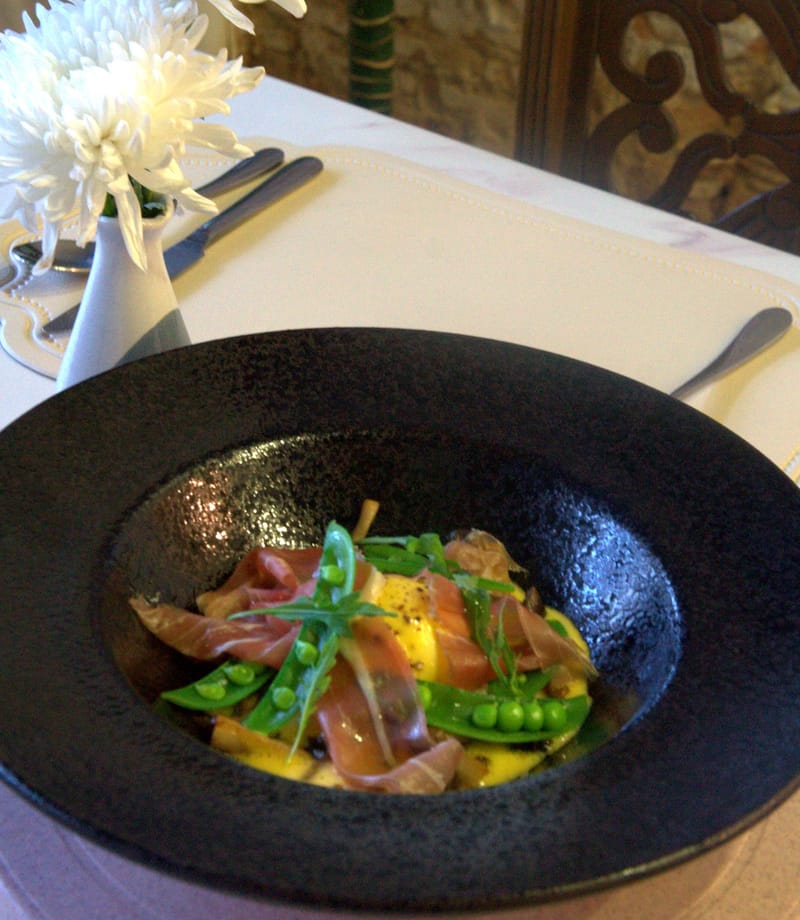 egg "mollet" mushrooms, green pea, parma ham