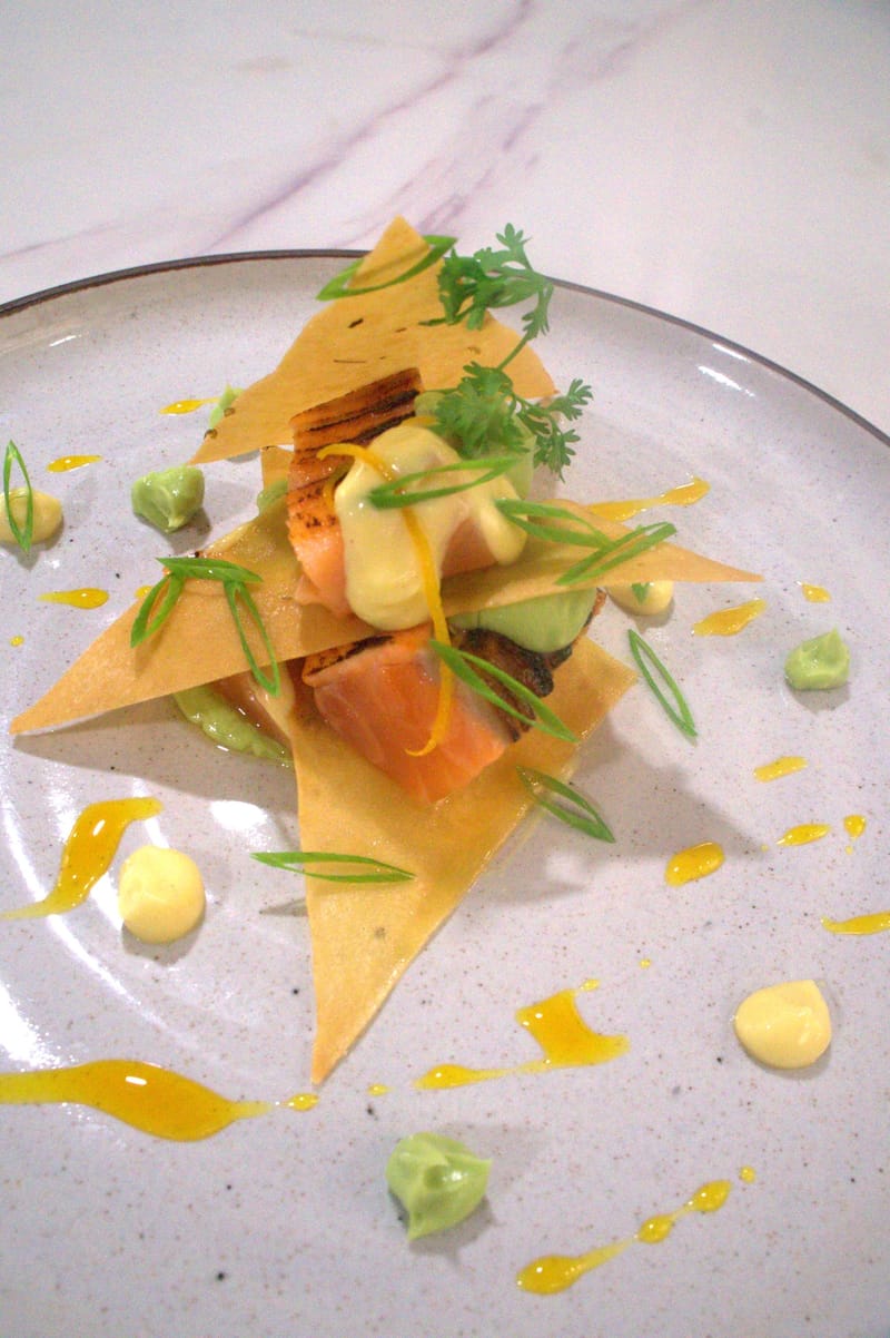 marinated salmon "mille feuille" crispy tuiles, avocado, french mayonnaise