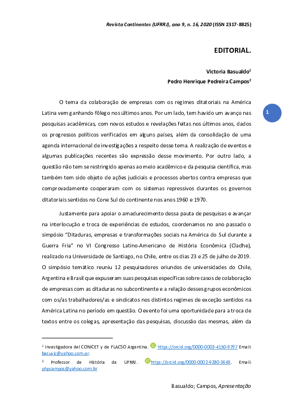 Ditaduras, empresas e transformações econômicas e trabalhistas na América do Sul durante a Guerra Fria - Victoria Basualdo e Pedro Campos