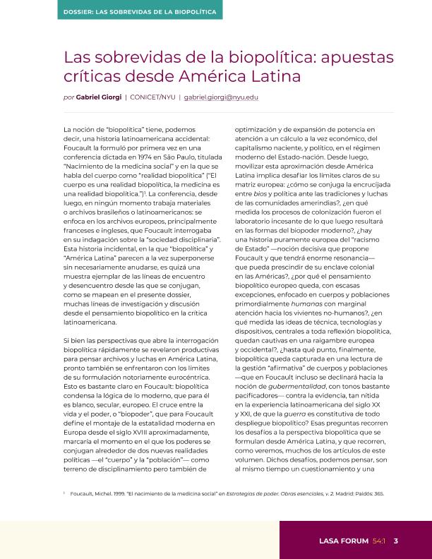 Las sobrevidas de la biopolítica: apuestas críticas desde América Latina - Gabriel Giorgi