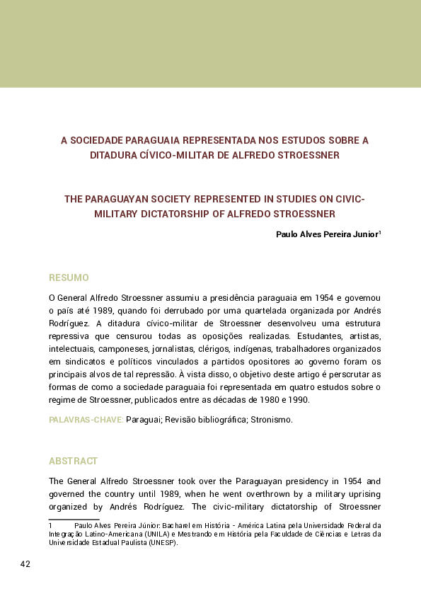 A sociedade paraguaia representada nos estudos sobre a ditadura cívico-militar de Alfredo Stroessner - Paulo Junior