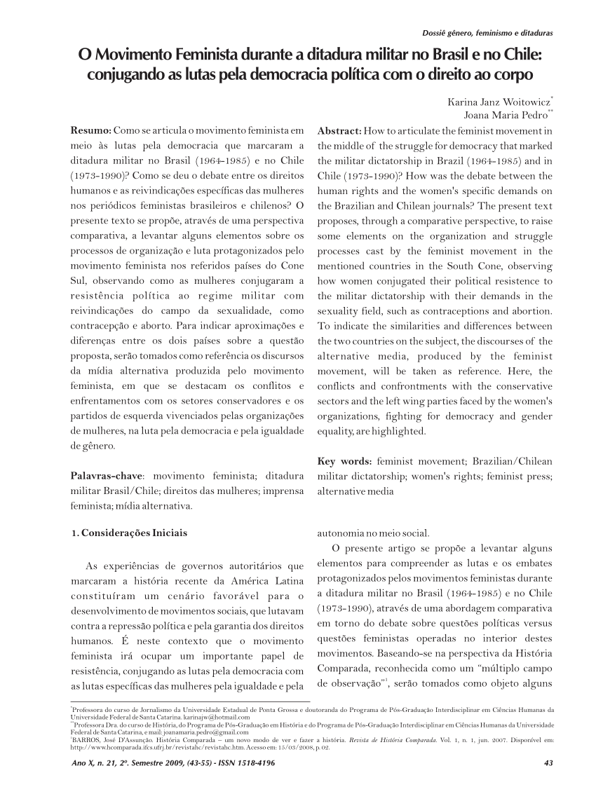 O Movimento Feminista durante a ditadura militar no Brasil e no Chile: conjugando as lutas pela democracia política com o direito ao corpo - Karina Woitowicz; Joana Pedro