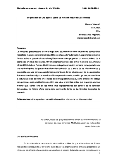 Lo pensable de una época: Sobre La historia oficial de Luis Puenzo - Marcela Visconti