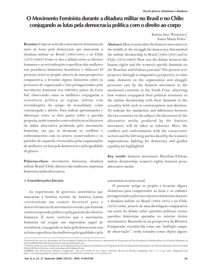 O Movimento Feminista durante a ditadura militar no Brasil e no Chile: conjugando as lutas pela democracia política com o direito ao corpo - Karina Woitowicz; Joana Pedro