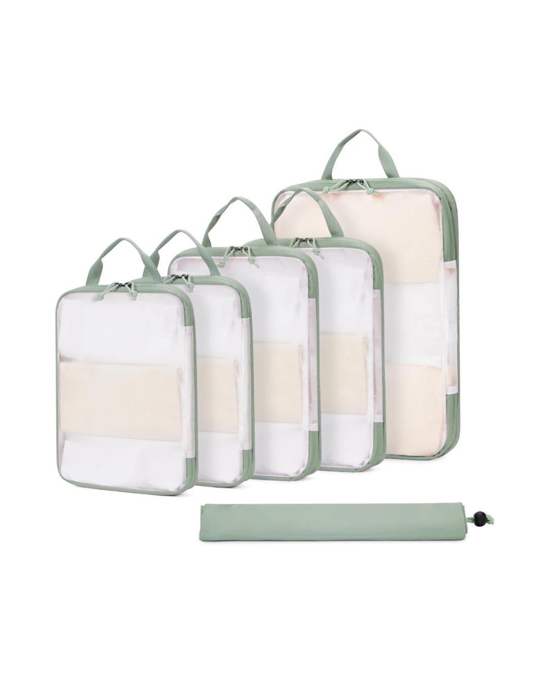 Set of five pastel green packing cubes with handles and a matching slim pouch, designed for organised travel and suitcase storage.