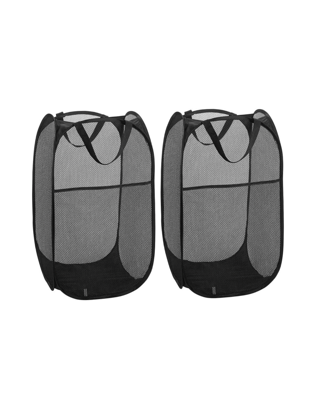 Two black pop-up mesh laundry hampers with carry handles, lightweight and collapsible for easy storage and travel.