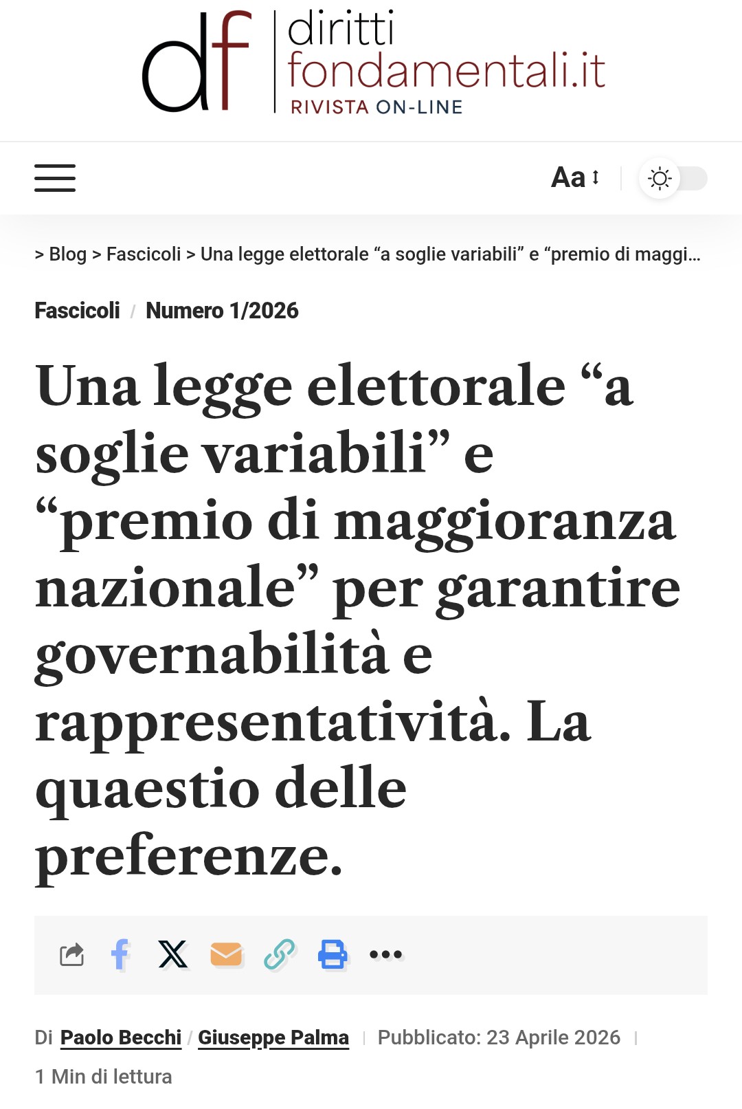 Dirittifondamentali.it (fascicolo n. 1/2026). Rivista scientifica dell'Area 12 - scienze giuridiche - collocata in Classe A