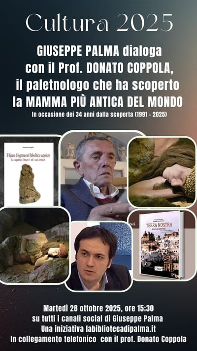 Giuseppe Palma dialoga con il prof. Donato Coppola, il paletnologo che ha scoperto i resti della "mamma più antica del mondo"
