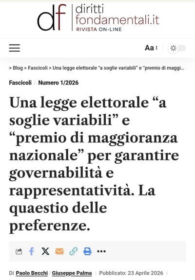 23.04.2026: articolo di Becchi e Palma in materia di sistemi elettorali, su dirittifondamentali.it, rivista scientifica collocata in Classe A dell'Area 12 (scienze giuridiche) - Copia