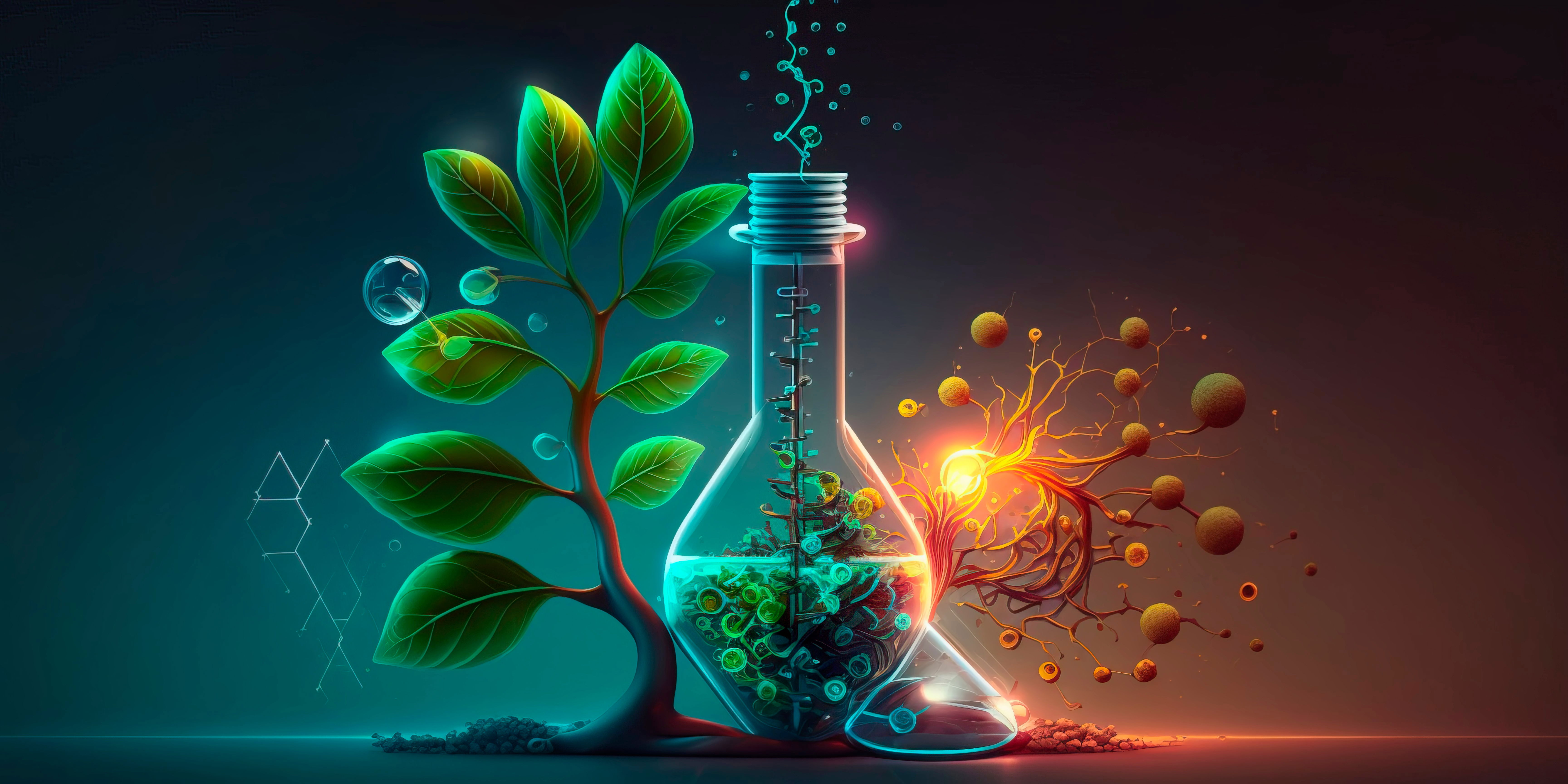 A vibrant illustration of a cell with glowing DNA, microbes, and ecological patterns, symbolizing the interconnected science of life.