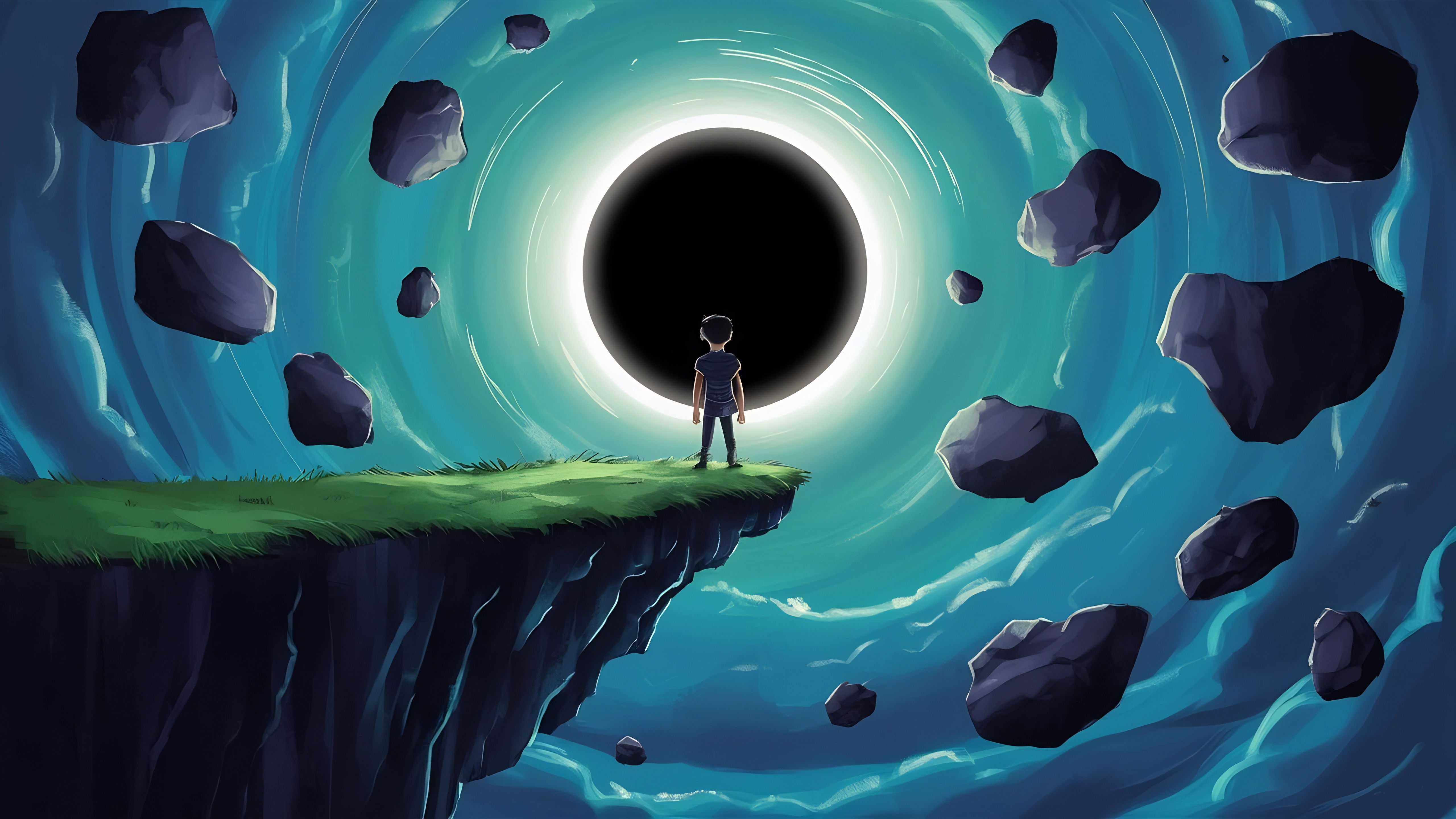 A vibrant illustration of a black hole warping spacetime, with exoplanets and Earth’s ecosystems, symbolizing the cosmic force of gravity.