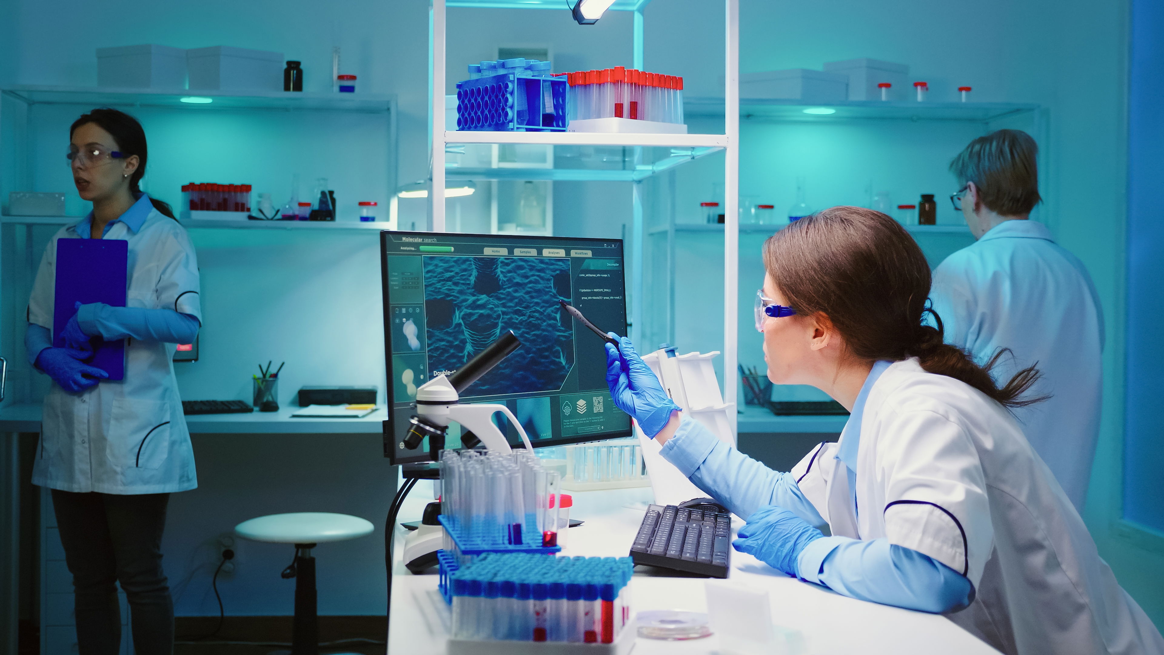 A vibrant illustration of health scientists using AI tools, with cosmic molecules and Earth’s ecosystems in the background, symbolizing the fusion of health science and innovation.