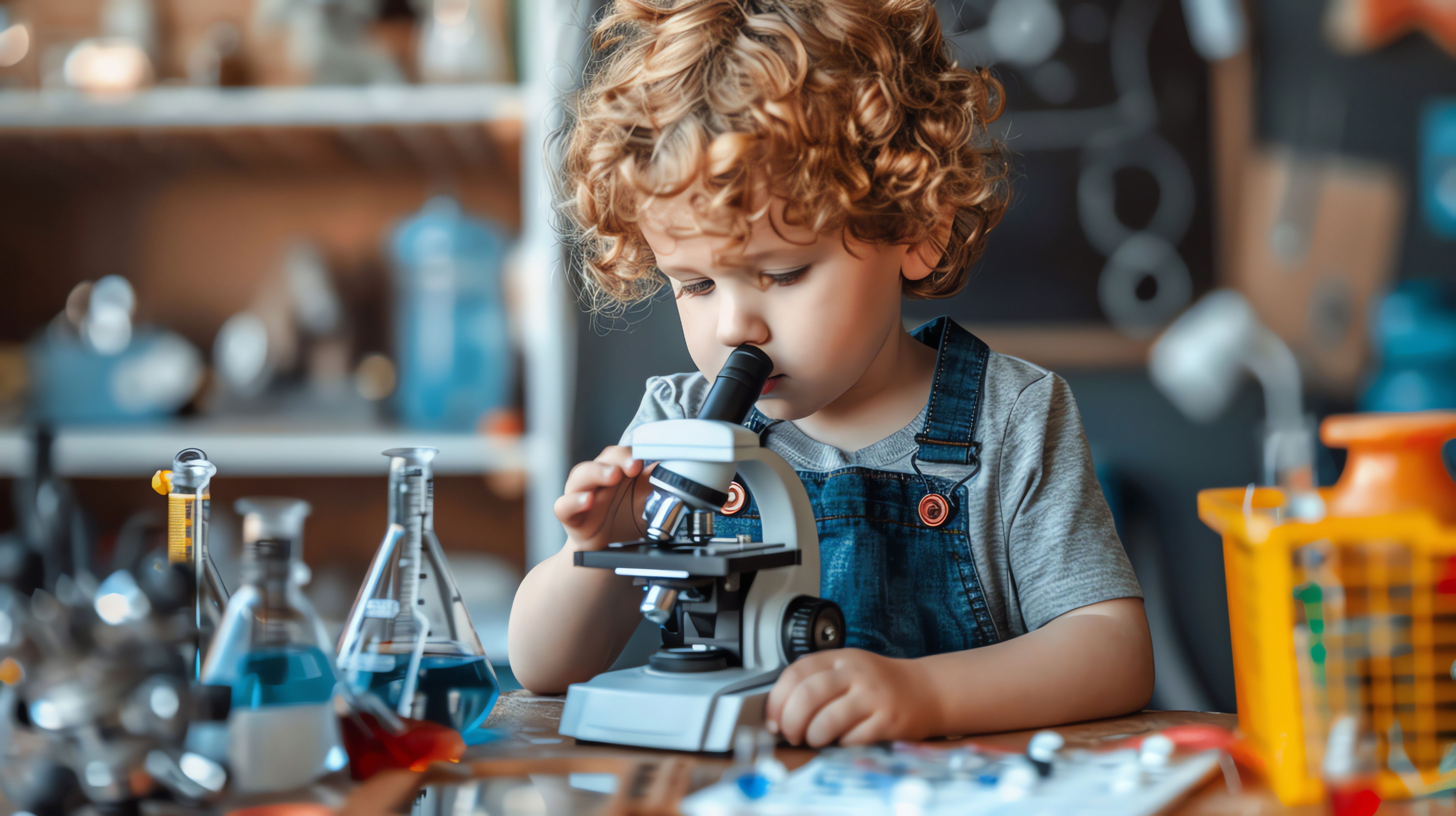 A colorful illustration of kids exploring science with AI gadgets, cosmic stars, and Earth’s animals, symbolizing the fun of scientific discovery.