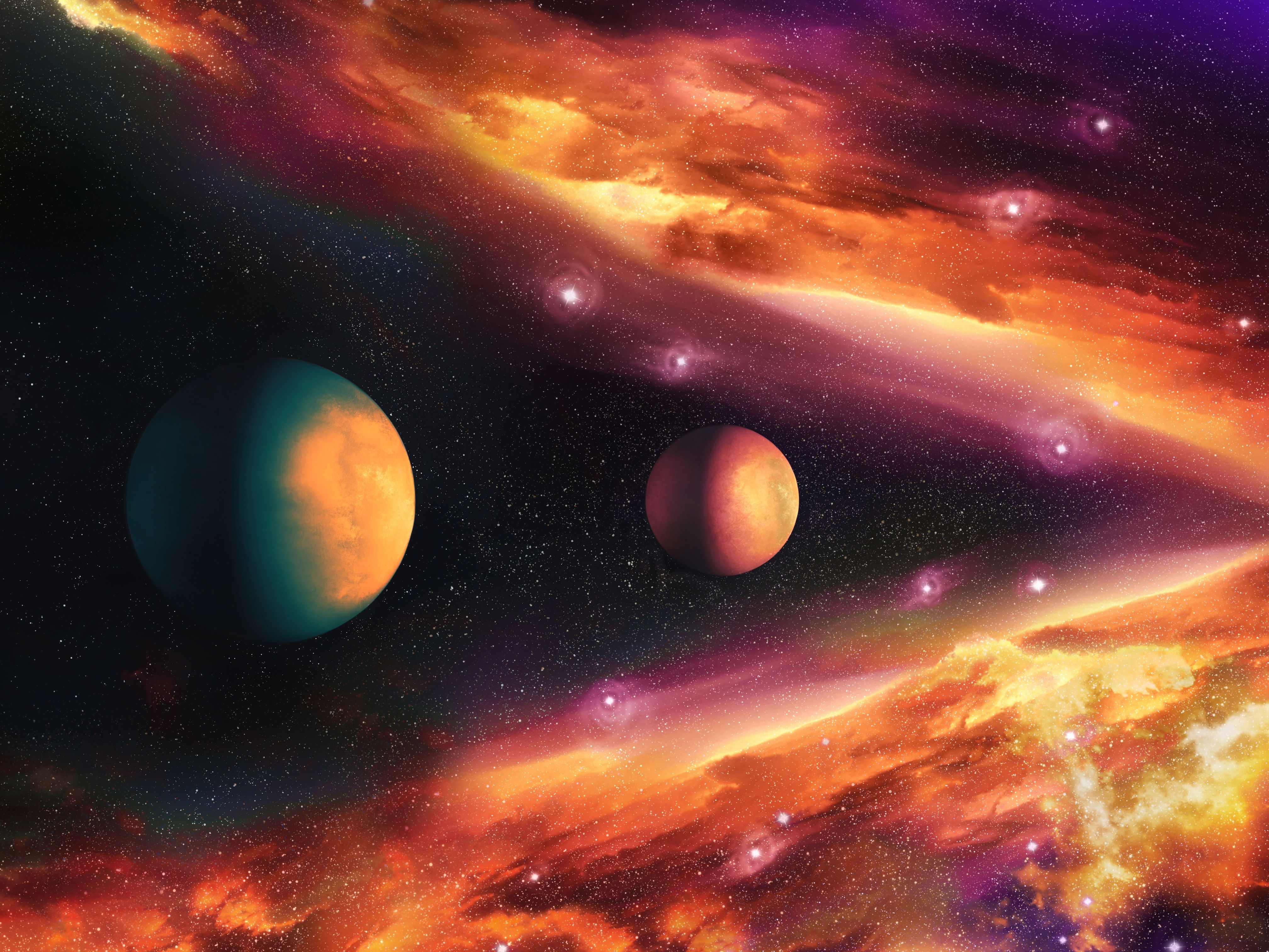 A stunning illustration of a swirling galaxy with vibrant stars, nebulae, and a distant black hole, set against the infinite cosmos.