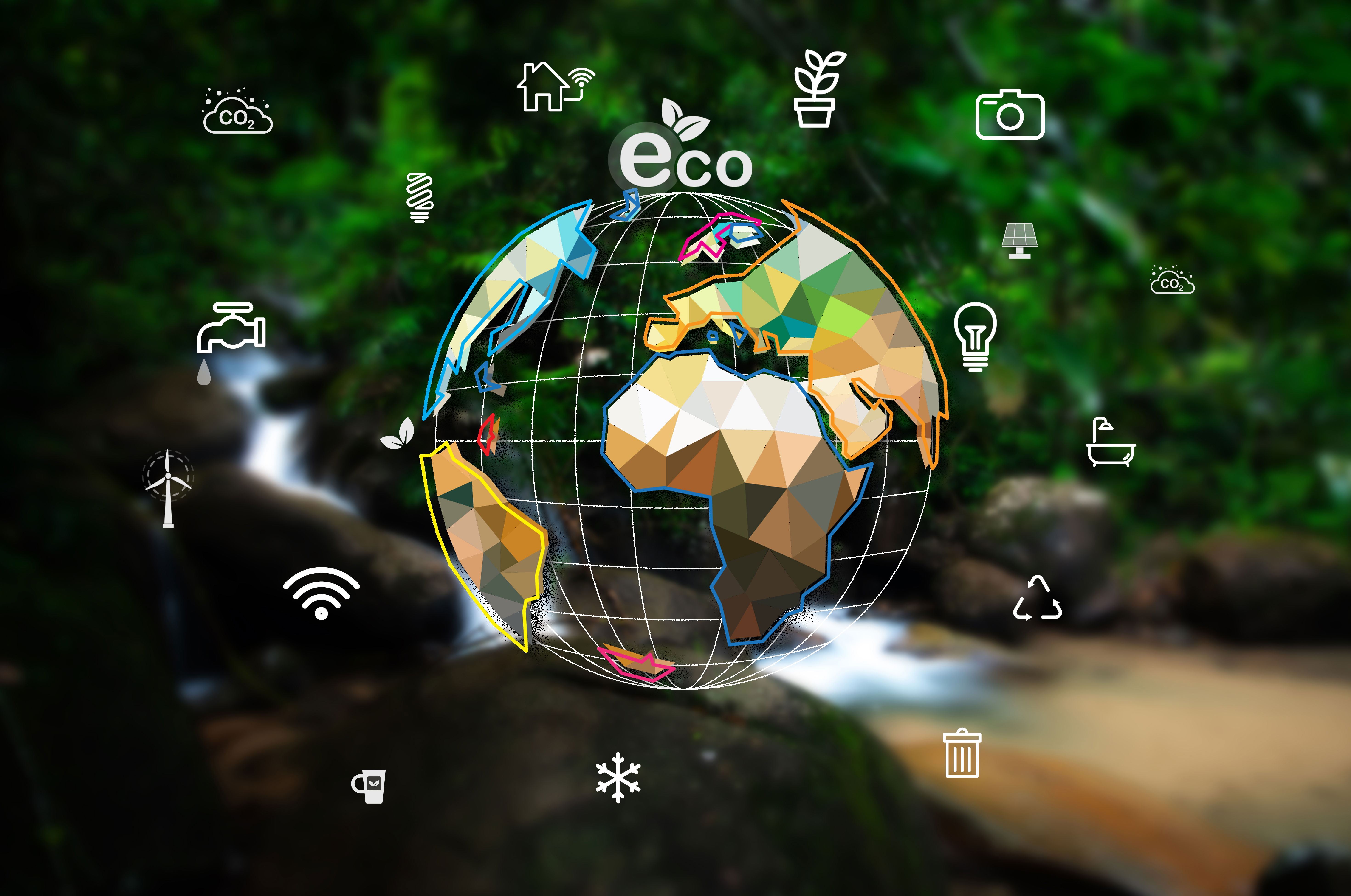 A vibrant illustration of Earth’s ecosystems with interconnected food webs, carbon cycles, and green tech, symbolizing the balance of the eco equation.