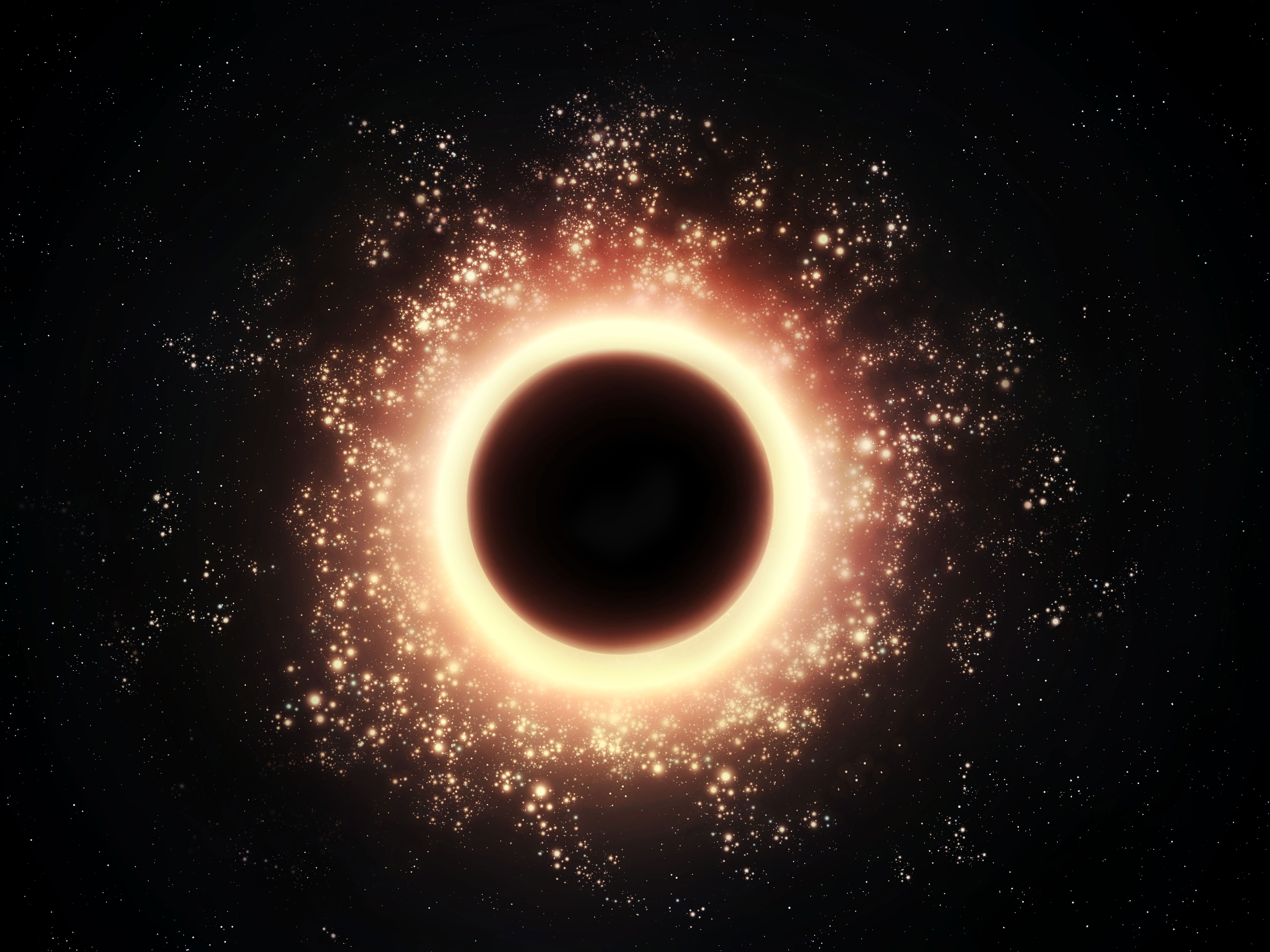 A vibrant illustration of a glowing black hole with accretion disks, stars, and Earth’s ecosystems, symbolizing the enigma of cosmic science.