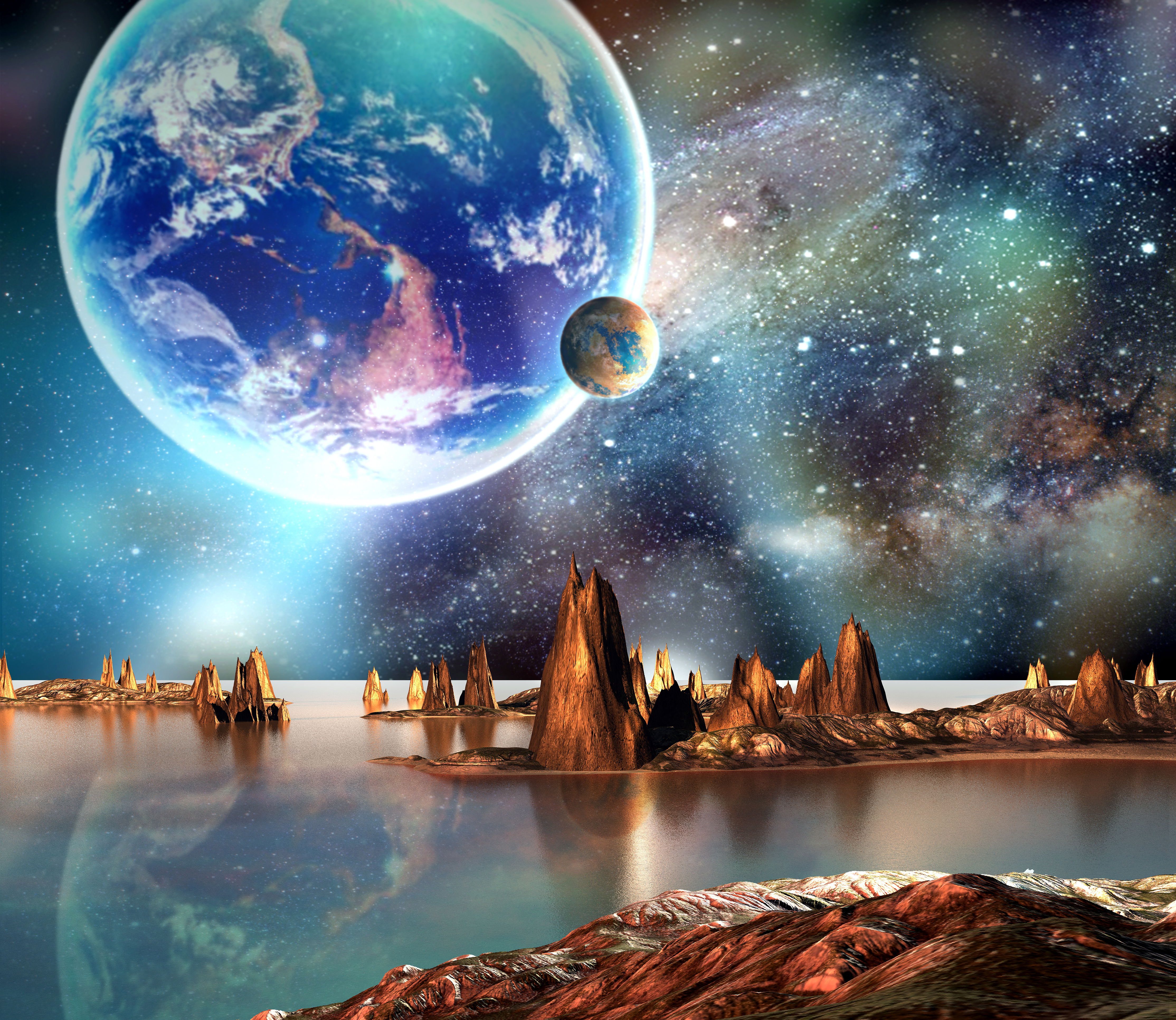 A vibrant illustration of Mars, exoplanets, and spacecraft orbiting Earth, symbolizing the cosmic frontier of space exploration.