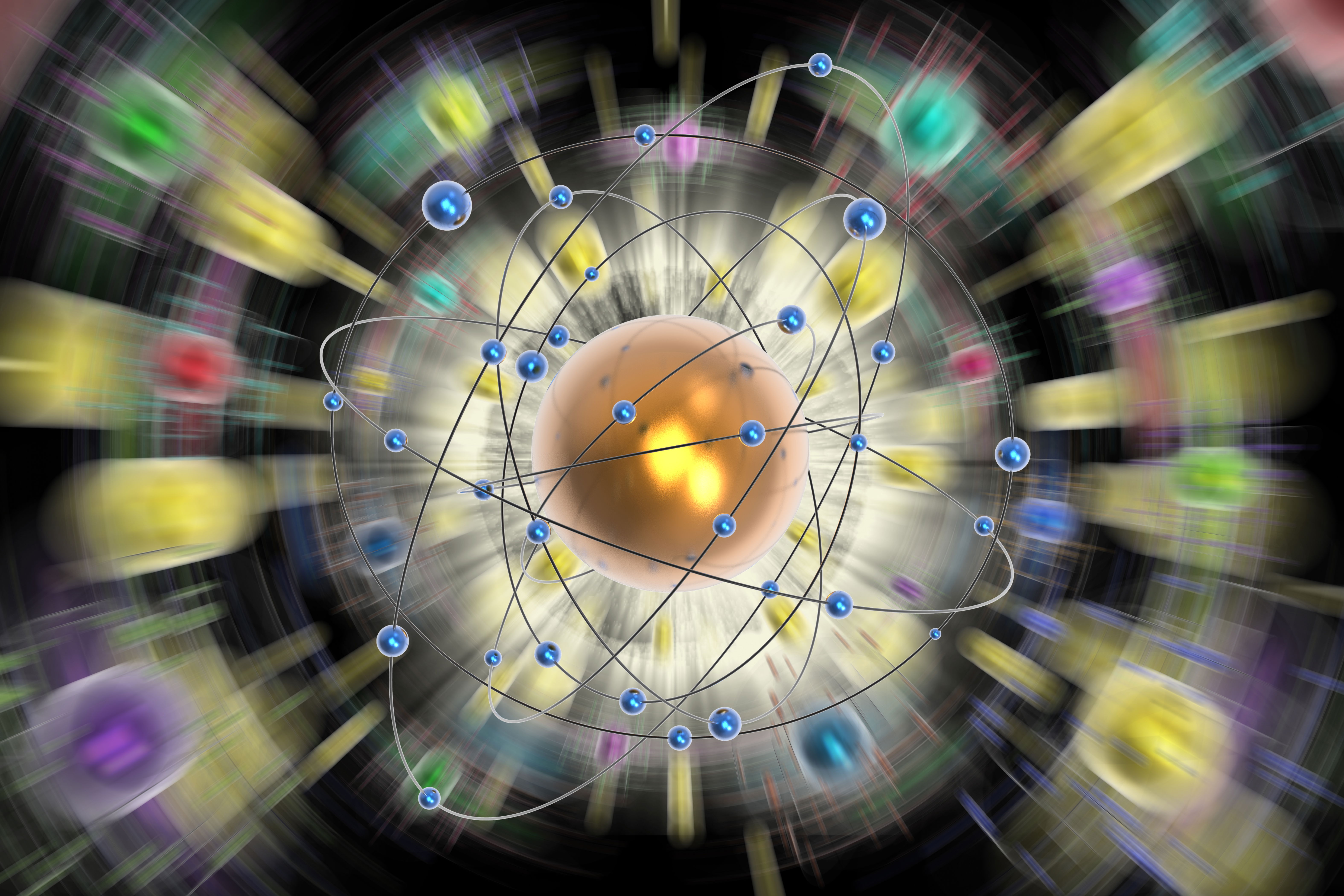 A vibrant illustration of atomic orbitals, distant stars, and Earth’s ecosystems, symbolizing the science of atomic physics.