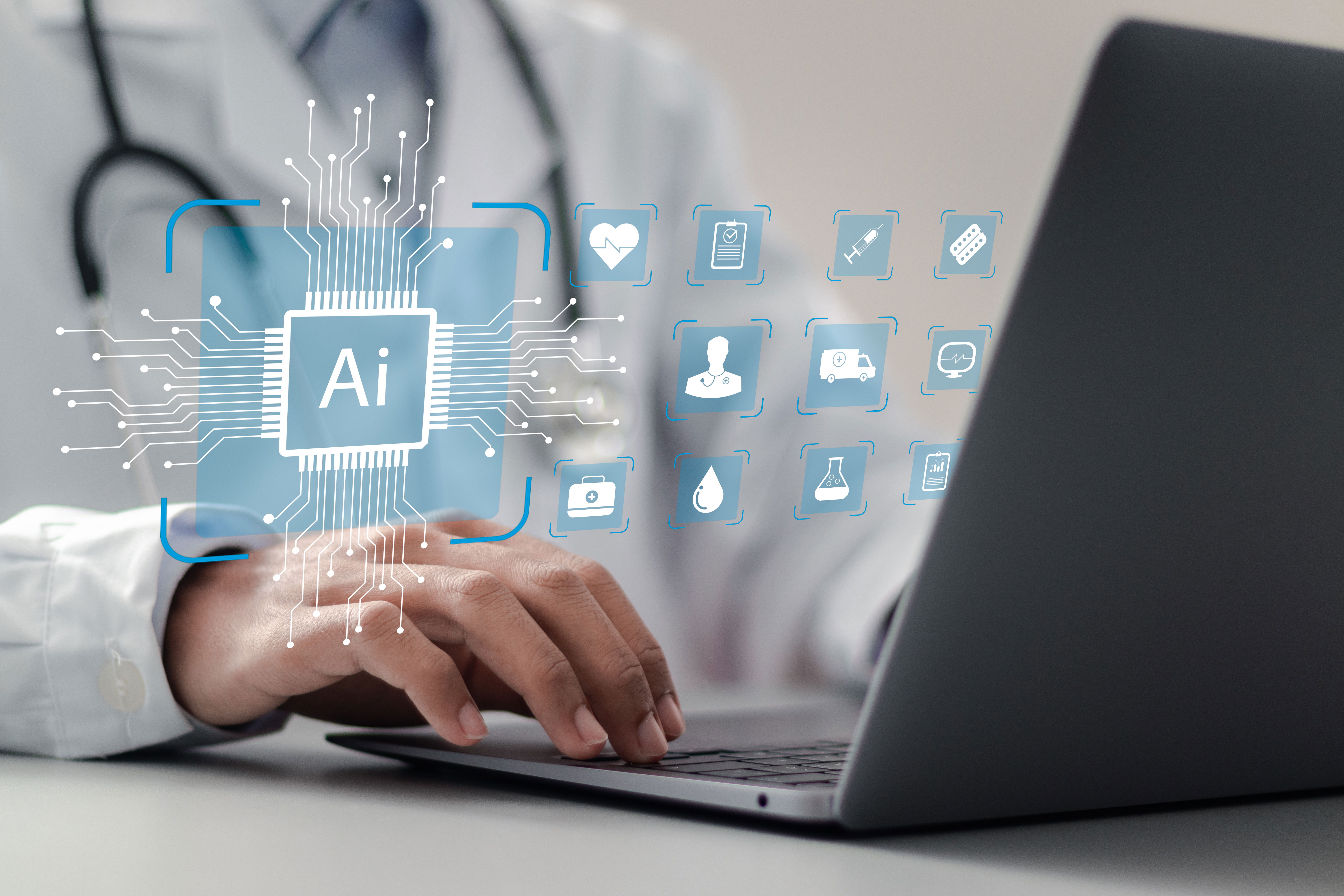 A vibrant illustration of a scientist using AI tools on a computer, with cosmic elements and data visualizations in the background, symbolizing the fusion of AI and scientific discovery.