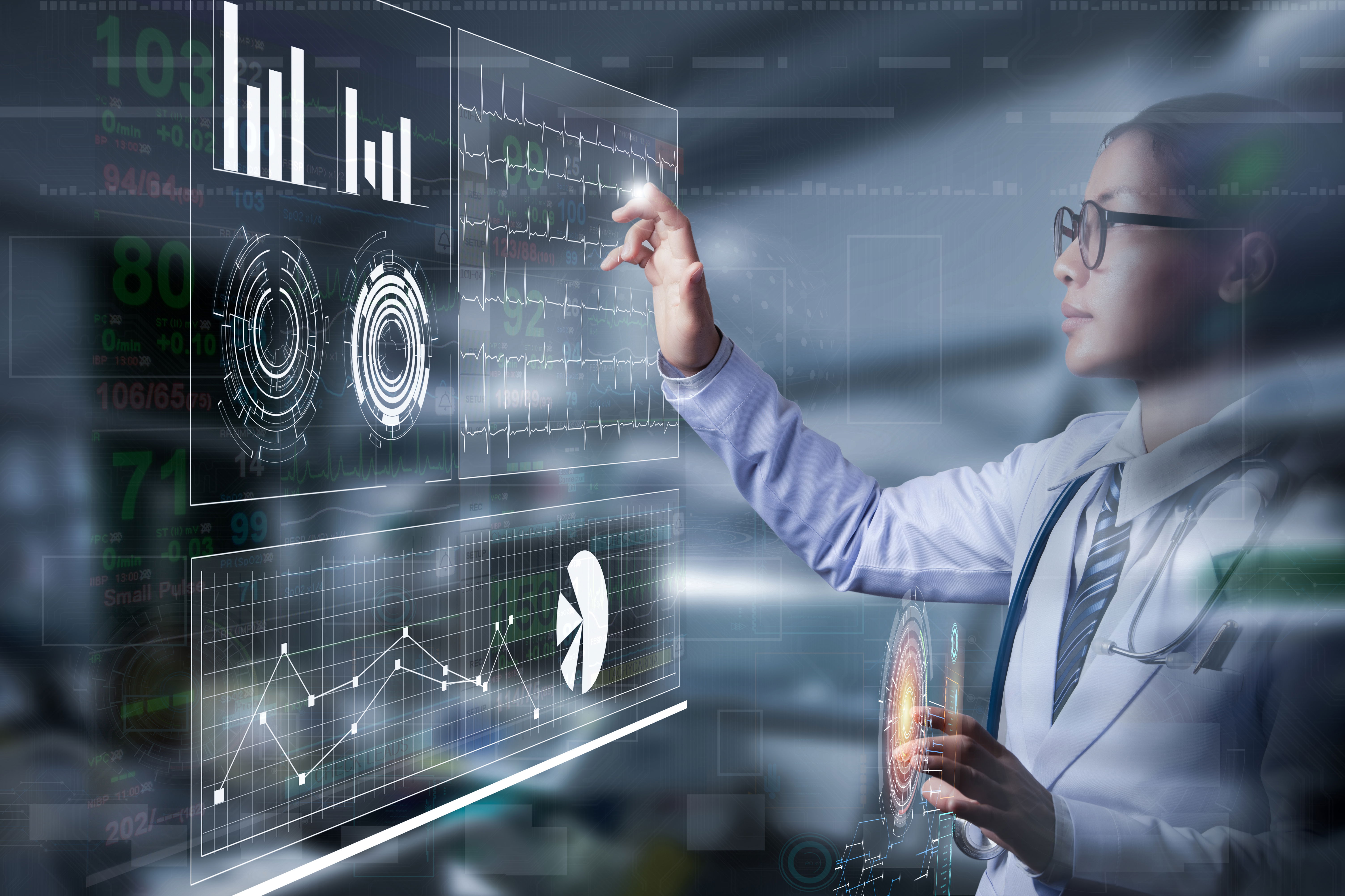A vibrant illustration of medical researchers using AI tools, with cosmic molecules and Earth’s ecosystems in the background, symbolizing the fusion of medical science and innovation.
