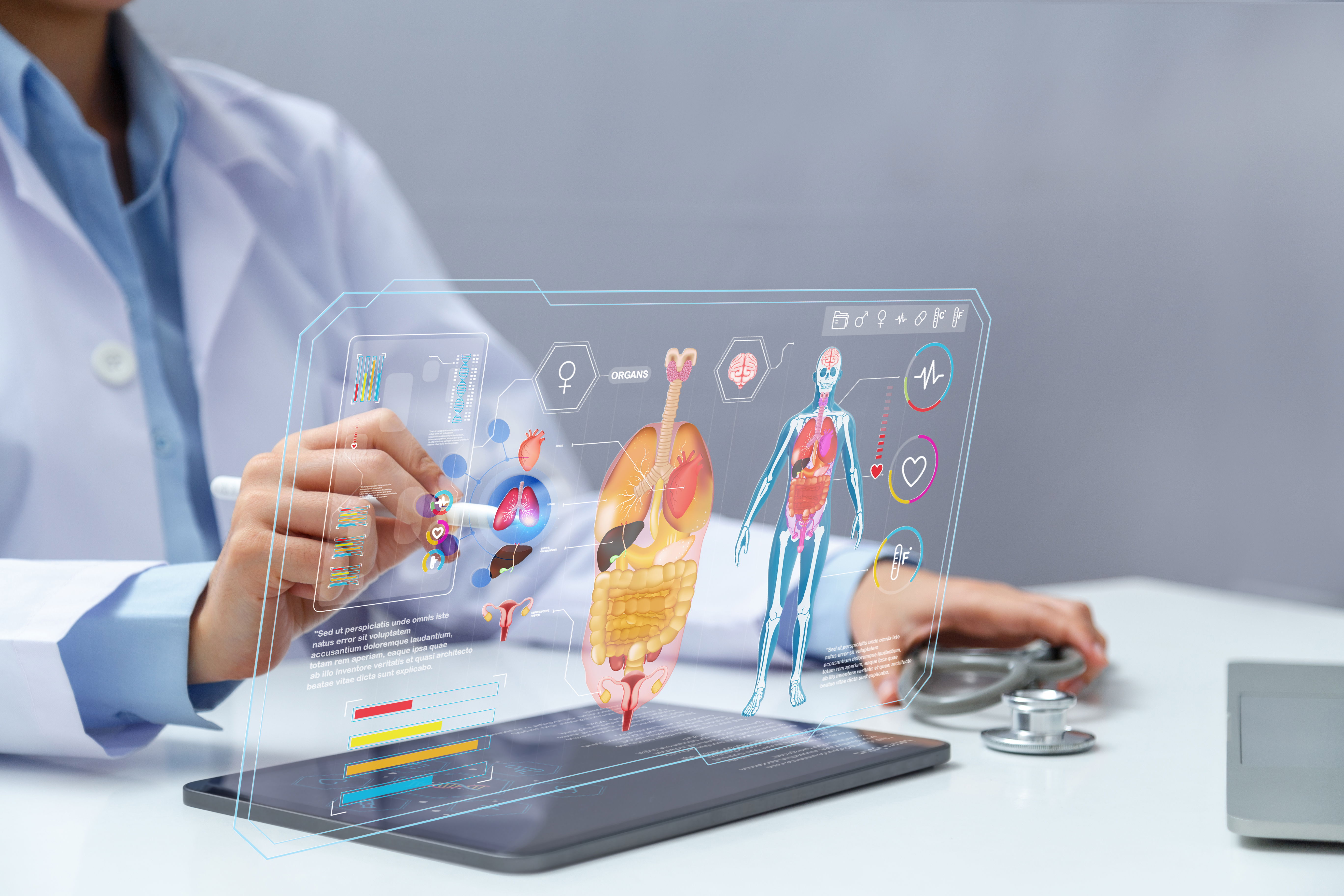 “Doctor examining a tablet displaying images of the human body and internal organs, indicating a focus on medical diagnostics.