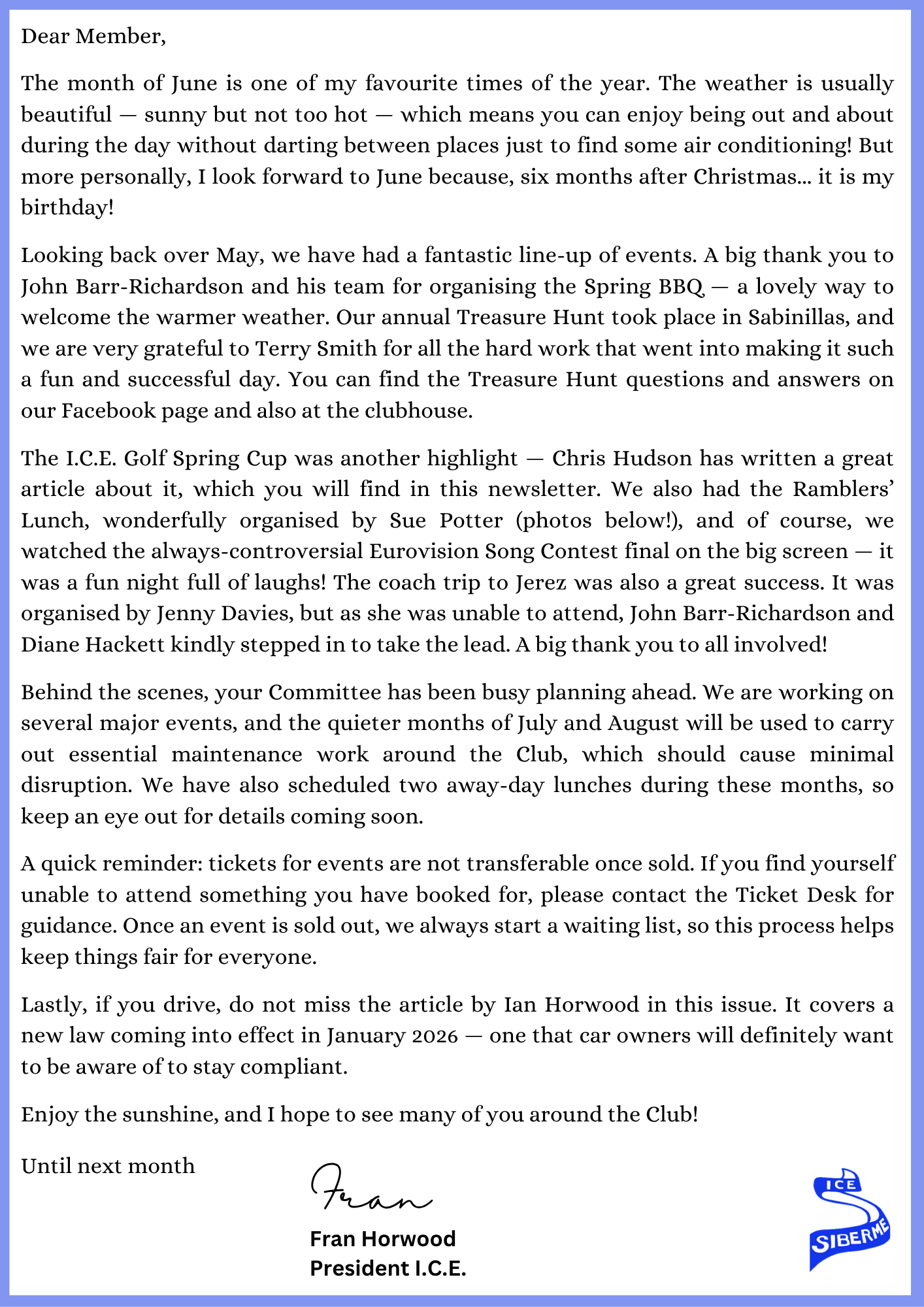 President's Letter JUNE