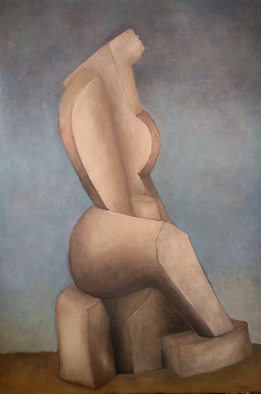 The feminine figure becomes a totem — fractured and whole, powerful in her poise.