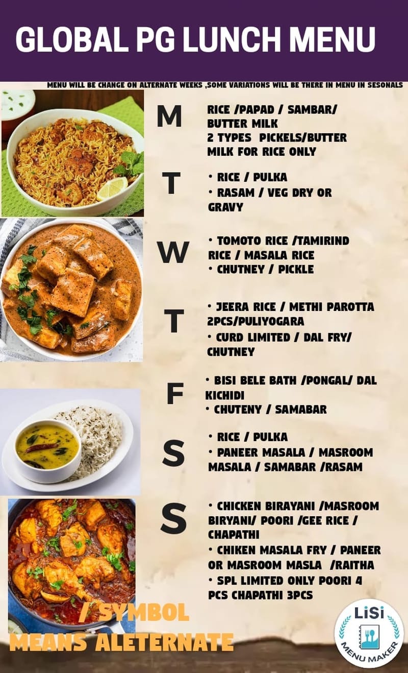 PG Lunch menu