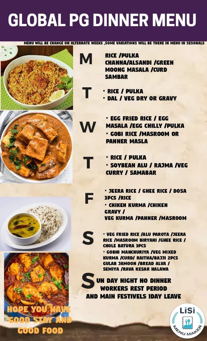 PG Dinner Menu