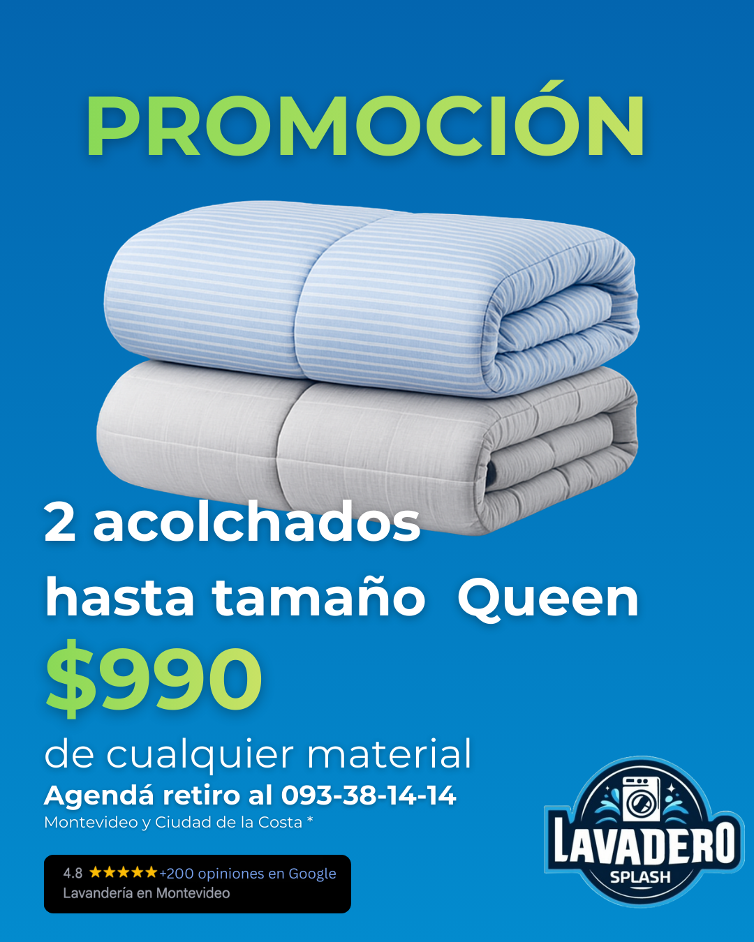PROMO: Lavado de 2 acolchados y o frazadas hasta Queen y cualquier material por $990