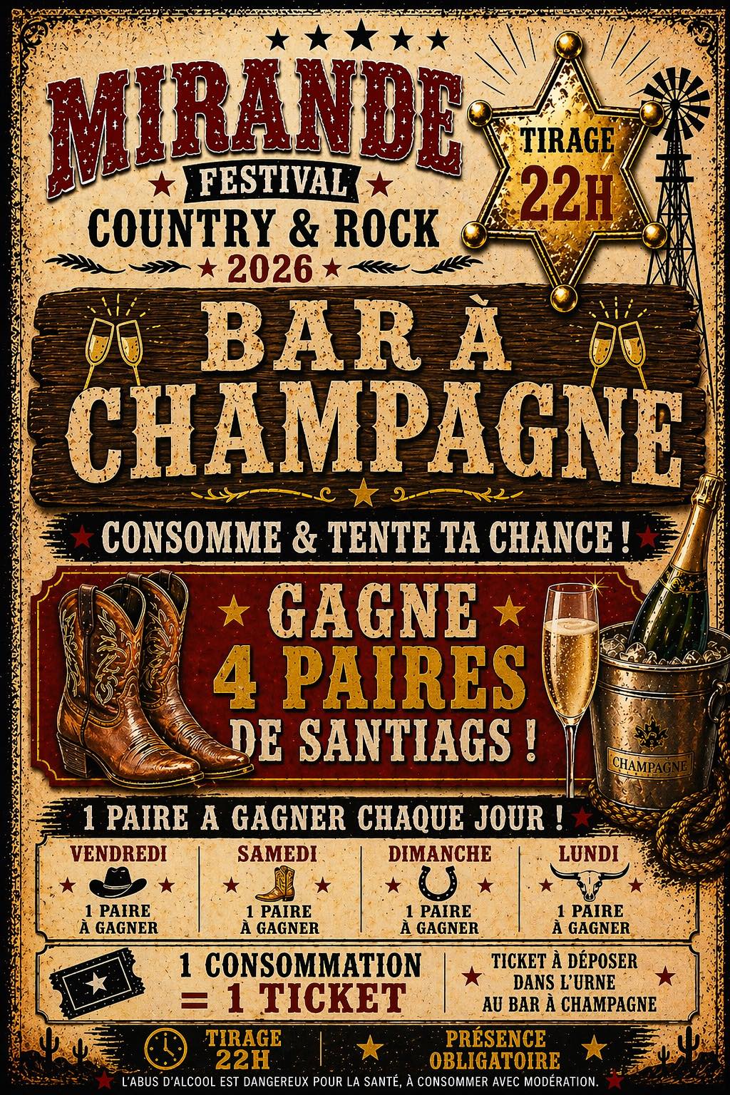 Retrouvez notre BAR à champagne. Consomme et tente de gagner des paires de Santiago.