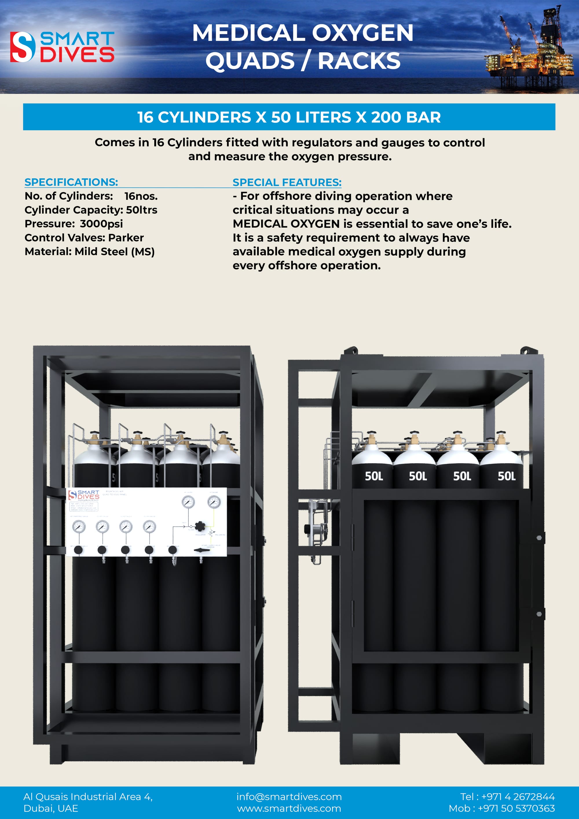 16 Cylinders x 50 Liters x 200 Bar
